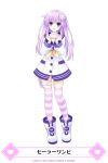 1girl alternate_costume blush d-pad d-pad_hair_ornament full_body game_cg hair_ornament highres long_hair looking_at_viewer mainichi_compile_heart nepgear neptune_(series) official_art open_mouth purple_eyes purple_hair smile solo standing striped striped_legwear thighhighs translated tsunako white_background 