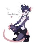  &lt;3 anthro bandage clothed clothing collar dialogue didelphid english_text female fur grey_fur jewelry mammal marsupial nash_(zenirix) necklace purple_eyes simple_background solo text topless virginia_opossum whiskers white_background white_fur zenirix 