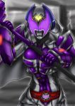  1girl armor belt breasts commentary english_commentary glowing glowing_eyes hammer helmet highres holding holding_hammer holding_weapon kamen_rider kamen_rider_dcd kamen_rider_kivala looking_at_viewer medium_breasts purple_eyes solo solo_focus weapon yuuyatails 