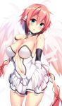  1girl android angel angel_wings arm_behind_back bangs bare_shoulders blush breasts breasts_apart chains cleavage collar collarbone commentary_request contrapposto cowboy_shot detached_sleeves dosu_(doseven) eyebrows_visible_through_hair feathered_wings feathers green_eyes hair_between_eyes hand_on_own_chest highres ikaros large_breasts long_hair long_sleeves looking_at_viewer midriff navel navel_cutout open_mouth parted_lips pink_hair pink_wings ribbon robot_ears shiny shiny_skin sidelocks simple_background solo sora_no_otoshimono standing twintails very_long_hair white_background wings 