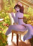  anthro black_hair butt canid canine chair clothed clothing eri-yo female flower footwear green_eyes greenhouse hair hi_res high_heels lingerie looking_back mammal plant shoes sitting solo vivarium 
