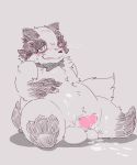  2019 anthro badger balls belly blush cum cum_on_stomach male mammal mikanyeye mustelid musteline overweight overweight_male penis simple_background sitting solo 