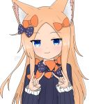  1girl :3 abigail_williams_(fate/grand_order) animal_ear_fluff animal_ears atsumisu bangs black_bow black_dress blonde_hair blue_eyes blush bow closed_mouth commentary_request dress eyebrows_visible_through_hair fate/grand_order fate_(series) fingernails forehead fox_ears fox_shadow_puppet hair_bow hands_up highres kemonomimi_mode long_hair long_sleeves looking_at_viewer no_hat no_headwear orange_bow parted_bangs polka_dot polka_dot_bow simple_background sleeves_past_wrists smile solo upper_body very_long_hair white_background 
