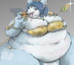  absurd_res anthro arm_guards belly big_belly big_breasts blue_hair breasts burger clothing crown female food forehead_gem fur green_eyes hair hi_res huge_breasts hyper hyper_belly hyper_breasts jewelry kemonoduki krystal loincloth looking_at_viewer love_handles mammal melee_weapon morbidly_obese navel necklace nintendo obese obese_female overweight overweight_female polearm shoulder_pads smile solo spear star_fox thick_thighs tiara tube video_games weapon weight_gain white_fur 