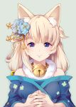  1girl animal_ear_fluff animal_ears azur_lane bangs bell blonde_hair blue_eyes blunt_bangs closed_mouth commentary_request eyebrows_visible_through_hair fox_ears fur_trim green_background hair_ornament japanese_clothes jingle_bell light_smile looking_at_viewer mzkk_1826 niizuki_(azur_lane) simple_background upper_body 