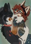  black_hair blue_eyes canid canine canis collar coyote domestic_dog ear_piercing eyewear female glasses hair headband hi_res male mammal nuzzling piercing red_hair tongue tongue_piercing xolkuikani 