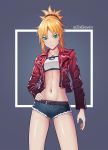  1girl bangs black_footwear blonde_hair boots cutoffs denim fate/apocrypha fate_(series) green_eyes highres jacket leather leather_jacket looking_at_viewer mordred_(fate) mordred_(fate)_(all) navel ponytail red_jacket short_shorts shorts zixeleven 