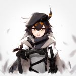  1girl absurdres arknights bangs beret black_hair blurry blurry_background cloak commentary_request deel_(rkeg) feathers gloves grey_hair hair_between_eyes hat high_collar highres looking_at_viewer multicolored_hair open_mouth puffy_sleeves solo upper_body white_background 