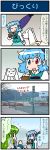  2girls 4koma artist_self-insert blue_eyes blue_hair building comic commentary_request detached_sleeves eyes_closed flying_sweatdrops gradient gradient_background green_eyes green_hair hands_up heterochromia highres hill holding holding_umbrella juliet_sleeves kochiya_sanae kyubey long_hair long_sleeves mahou_shoujo_madoka_magica mizuki_hitoshi multiple_girls nontraditional_miko open_mouth photo pointer puffy_sleeves red_eyes road short_hair sidewalk smile street sweatdrop tatara_kogasa touhou translation_request umbrella vest wide_sleeves window 