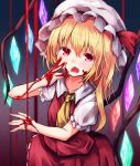  1girl ascot bangs baram blonde_hair blood blood_on_face bloody_hands blue_background commentary_request cowboy_shot crystal eyebrows_visible_through_hair fangs flandre_scarlet gradient gradient_background hair_between_eyes hand_up hat hat_ribbon highres long_hair mob_cap one_side_up open_mouth puffy_short_sleeves puffy_sleeves purple_background red_eyes red_ribbon red_skirt red_vest ribbon shirt short_sleeves skirt skirt_set solo touhou vest white_headwear white_shirt wings yellow_neckwear 