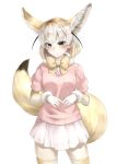  1girl animal_ear_fluff animal_ears blonde_hair blush bow bowtie commentary_request cowboy_shot elbow_gloves extra_ears eyebrows_visible_through_hair fennec_(kemono_friends) fox_ears fox_tail gloves gradient_hair highres kemono_friends looking_at_viewer multicolored_hair p_rosu pink_sweater short_hair short_sleeves simple_background skirt solo sweater tail thighhighs white_background white_gloves white_hair white_skirt yellow_eyes yellow_legwear yellow_neckwear zettai_ryouiki 