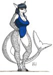  2019 anthro bare_shoulders big_breasts breasts clothed clothing curvaceous dots eyebrows female fish haibet hair long_hair long_tail looking_at_viewer marine one-piece_swimsuit shark simple_background smile solo standing swimsuit thick_thighs traditional_media_(artwork) voluptuous wide_hips 