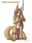  blue_eyes bra canid canine clothing dossun ear_tattoos female fox jewelry loincloth mammal solo tattoo underwear weapon 