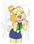  ambiguous_gender animal_crossing blonde_hair blush buckteeth canid canine canis clothing disembodied_hand domestic_dog drooling female flat_chested hair half-closed_eyes happy isabelle_(animal_crossing) knees_together_feet_apart mammal miniskirt nintendo open_mouth petting ribbons saliva scorci shirt short_hair skirt smile solo_focus standing teeth topknot train vehicle vest video_games white_eyes 