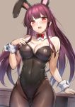  1girl animal_ears armband bangs black_leotard blush breasts brown_legwear bunny_ears cleavage collarbone covered_navel cowboy_shot desk detached_collar detached_sleeves eyebrows_visible_through_hair fake_animal_ears girls_frontline hair_ribbon half_updo hand_up head_tilt large_breasts leotard long_hair looking_at_viewer one_side_up open_mouth pantyhose purple_hair qian_wu_atai red_eyes ribbon sidelocks solo very_long_hair wa2000_(girls_frontline) wrist_cuffs 