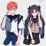  1boy 1girl adjusting_eyewear alternate_costume artist_name bespectacled black_hair black_legwear blue_eyes brown_eyes emiya_shirou fate/stay_night fate_(series) glasses hair_ribbon highres kamo_0707 long_hair long_sleeves looking_at_viewer orange_hair ribbon smile tohsaka_rin two_side_up upper_body 