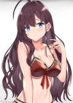  1girl ahoge bangs bare_arms bare_shoulders blue_eyes bra breasts brown_hair cleavage closed_mouth collarbone front-tie_bra front-tie_top groin hair_intakes hand_up honeycomb_(pattern) ichinose_shiki idolmaster idolmaster_cinderella_girls kanikou large_breasts long_hair looking_at_viewer nail_polish navel red_bra red_nails sidelocks solo stomach underwear upper_body 