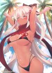  1girl ahoge arms_up bangs bikini black_bow blue_sky blush bow breasts cleavage closed_mouth cloud dark_skin day eyebrows_visible_through_hair fate/grand_order fate_(series) groin hair_between_eyes hair_bow hair_ornament highleg highleg_bikini large_breasts long_hair looking_at_viewer multi-strapped_bikini navel okita_souji_(alter)_(fate) okita_souji_(fate)_(all) outdoors palm_tree red_scarf scarf sidelocks skindentation sky solo stomach suzuho_hotaru swimsuit tassel tree tsurime twitter_username very_long_hair white_hair yellow_eyes 