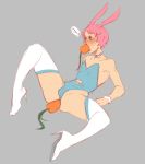  1boy anal blue_eyes blush bunny_boy carrot clothed crossdressing dildo erection highres male_focus oral pink_hair short_hair solo surprised thighhighs trap 