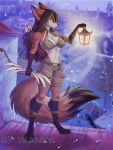  2019 5_fingers anthro arrow bow_(weapon) breasts brown_fur brown_hair canid canine clothed clothing detailed_background digital_media_(artwork) dipstick_ears dipstick_tail female fox fur gloves_(marking) green_eyes hair holding_object holding_weapon imanika lantern long_hair mammal markings midriff multicolored_tail navel quiver ranged_weapon roof socks_(marking) solo standing weapon 