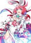  1girl ascot bra breasts buckle cleavage cleavage_cutout clover dress elphelt_valentine flower four-leaf_clover gloves guilty_gear guilty_gear_xrd hairband highres large_breasts long_dress pink_hair pink_ribbon puffy_sleeves red_bra red_flower red_ribbon red_rose ribbon rose short_hair shoulder_spikes smile smirk spiked_gloves spiked_hairband spikes underwear westxost_(68monkey) white_dress white_gloves 