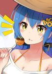  1girl bangs bare_shoulders blue_hair blush_stickers breasts brown_headwear cleavage collarbone commentary_request dutch_angle eyebrows_visible_through_hair food food_on_face hair_between_eyes hair_ornament hairclip hand_up hat holding holding_food long_hair moemi_&amp;_yomemi_channel natsumi_moe notice_lines off-shoulder_shirt off_shoulder parted_lips shirt small_breasts solo sun_hat sylphine virtual_youtuber white_shirt yellow_eyes 