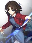  1girl blue_eyes blue_kimono brown_hair dutch_angle expressionless jacket japanese_clothes kara_no_kyoukai kimono knife looking_at_viewer motion_lines nikame obi ryougi_shiki sash short_hair solo 