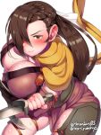  1girl blush boris_(noborhys) breasts brown_eyes brown_hair center_opening cleavage elbow_gloves fingerless_gloves fire_emblem fire_emblem_if gloves hair_over_one_eye hair_ribbon highres kagerou_(fire_emblem_if) knife large_breasts long_hair looking_at_viewer ninja nintendo pale_skin ponytail ribbon scarf simple_background solo sweat sweatdrop weapon white_background yellow_scarf 