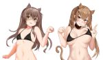  2girls :3 absurdres animal_ears bangs bare_arms bare_shoulders bikini_top black_bikini_top blush boxreeema breasts brown_hair buckle cat_ears cat_girl cat_tail collar collarbone eyebrows_visible_through_hair girls_frontline hair_ornament hairclip head_tilt highres kemonomimi_mode large_breasts lifted_by_self long_hair multiple_girls navel parted_lips paw_pose scar scar_across_eye shaded_face simple_background skindentation small_breasts smile stomach strap_lift string_bikini tail twintails ump45_(girls_frontline) ump9_(girls_frontline) unaligned_breasts underboob upper_body white_background yellow_eyes 