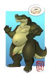  2019 absurd_res alligator anthro balls belly big_belly bust_portrait crocodilian digital_media_(artwork) doughnut erection food hi_res humanoid_penis looking_at_viewer male megnog muscular muscular_male navel nipples nude obese overweight overweight_male penis portrait reptile salix(megnog) scales scalie scar simple_background smile solo 