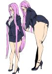  ashiomi_masato ass bent_over fate/stay_night fate_(series) formal glasses high_heels long_hair looking_at_viewer miniskirt office_lady purple_hair rider skirt skirt_suit suit very_long_hair 