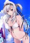  1girl :d bikini blue_sky breasts brown_eyes cleavage crane front-tie_bikini front-tie_top headband kantai_collection long_hair looking_at_viewer medium_breasts navel open_mouth side-tie_bikini silver_hair sky smile solo suzutsuki_(kantai_collection) swimsuit white_bikini yellow_eyes yumesato_makura 