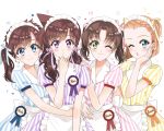  4girls :o ;) ;o alternate_hairstyle apron arch_lapin arm_around_waist award_ribbon bangs blue_dress blue_eyes blue_ribbon brown_hair character_name closed_mouth collared_dress commentary creator_connection cursive dress eyebrows_visible_through_hair flower frilled_apron frills green_eyes hair_pulled_back hair_ribbon hair_up hand_on_another&#039;s_shoulder hand_on_own_cheek head_tilt heart highres hug light_brown_hair long_hair looking_at_viewer low_twintails magic_kaito maid_headdress medium_dress medium_hair meitantei_conan mouri_ran multiple_girls nakamori_aoko one_eye_closed open_mouth parted_bangs parted_lips pink_dress pink_flower pink_rose puffy_short_sleeves puffy_sleeves purple_dress purple_eyes purple_ribbon ribbon rose short_hair short_sleeves short_twintails simple_background smile standing striped suzuki_sonoko tooyama_kazuha twintails twintails_day vertical-striped_dress vertical_stripes waist_apron waitress white_apron white_background yellow_dress yellow_ribbon 