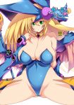  1girl bare_shoulders blonde_hair blush_stickers boots bracer breasts cameltoe cleavage collar collarbone dark_magician_girl eyebrows_visible_through_hair green_eyes hair_between_eyes hat huge_breasts legs leotard long_hair looking_at_viewer parted_lips simple_background sitting solo spread_legs staff tsukasawa_takamatsu wariza white_background wizard_hat yu-gi-oh! 