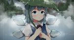  1girl :o antidote arms_up bangs blue_dress blue_eyes blue_hair blush bow cirno commentary_request day dress expressionless eyebrows_visible_through_hair fog glint hair_bow holding holding_leaf lake leaf leaf_umbrella looking_away misty_lake outdoors parted_bangs pinafore_dress puffy_short_sleeves puffy_sleeves rain red_ribbon reflection ribbon shirt short_hair short_sleeves solo standing touhou tree upper_body water_drop white_shirt wings 
