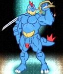  2019 absurd_res anso/rez anthro balls barefoot biceps blue_scales charm circumcised claws crocodilian digital_media_(artwork) feraligatr flaccid glint hi_res holding_object holding_weapon humanoid_penis lazor_gator lazorgatr looking_at_viewer male musclegut muscular muscular_male nintendo nude pecs penis pok&eacute;mon pok&eacute;mon_(species) raised_arm red_eyes reptile scales scalie solo standing teeth twitch_plays_pok&eacute;mon video_games weapon yellow_scales 