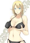  1girl bikini black_bikini blonde_hair breast_grab breasts covered_nipples elf eyebrows_visible_through_hair floral_background grabbing kuurunaitsu large_breasts long_hair looking_at_viewer navel open_mouth original pointy_ears solo swimsuit 