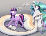  2019 alternate_species book duo english_text equid feathered_wings feathers female feral friendship_is_magic grey_background hair horn hybrid lamia long_hair mammal multicolored_hair my_little_pony princess_celestia_(mlp) reptile scalie silfoe simple_background snake text twilight_sparkle_(mlp) unicorn winged_unicorn wings 