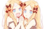 2girls :d abigail_williams_(fate/grand_order) bangs black_bow black_dress blue_eyes blush bow crossed_bandaids dress dual_persona fate/grand_order fate_(series) forehead hair_blowing hand_holding hand_up highres interlocked_fingers long_hair multiple_girls open_mouth orange_bow parted_bangs parted_lips sharp_teeth signature simple_background smile sofra strap_slip teeth upper_body very_long_hair white_background 