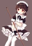  1girl apron bangs black_bow black_dress blush bow brown_background brown_eyes brown_hair commentary_request covering covering_crotch dress dutch_angle eyebrows_visible_through_hair frilled_apron frilled_dress frills garter_straps gloves holding low_twintails maid maid_apron maid_headdress open_mouth original pleated_dress puffy_short_sleeves puffy_sleeves sakurazawa_izumi short_sleeves short_twintails simple_background solo thighhighs twintails wavy_mouth white_apron white_gloves white_legwear 