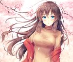  1girl akashio_(loli_ace) bangs blue_eyes blush breasts brown_hair brown_sweater cherry_blossoms commentary_request eyebrows_visible_through_hair floating_hair flower hair_between_eyes highres large_breasts long_hair looking_at_viewer original parted_lips petals pink_flower ribbed_sweater shawl solo sweater tree_branch turtleneck turtleneck_sweater very_long_hair white_background wind 
