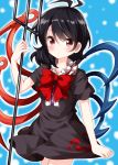  1girl :/ ahoge arm_at_side arm_up asymmetrical_wings bangs black_dress black_hair blue_background blush bow cowboy_shot dotted_background dress eyebrows_visible_through_hair highres holding_polearm houjuu_nue looking_at_viewer pinky_out polearm red_bow red_eyes red_neckwear ruu_(tksymkw) short_dress short_hair short_sleeves skirt_hold solo standing swept_bangs touhou trident weapon wings 