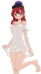 1girl bare_shoulders barefoot breasts covered_navel detached_sleeves embarrassed erect_nipples eyebrows_behind_hair hecatia_lapislazuli highres long_hair looking_down medium_breasts mukuroi naked_shirt off-shoulder_shirt off_shoulder open_mouth polos_crown red_eyes red_hair see-through_silhouette shirt short_sleeves solo thigh_gap touhou white_shirt 