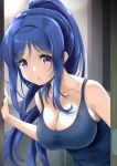  1girl bare_shoulders blue_hair blue_tank_top breasts cleavage collarbone commentary_request doorway erect_nipples frapowa high_ponytail indoors large_breasts leaning_forward long_hair love_live! love_live!_sunshine!! matsuura_kanan open_mouth ponytail purple_eyes sidelocks 