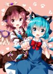  2girls :d animal_ears armband arms_up bird_wings blue_dress blue_eyes blue_hair blush bow bowtie brown_dress brown_headwear cat_ears cirno clenched_hands cowboy_shot dress eyebrows_visible_through_hair fake_animal_ears fang feathered_wings foreshortening hair_between_eyes hair_bow hands_on_another&#039;s_shoulders hat head_tilt heart highres leaning_to_the_side long_sleeves looking_at_viewer multiple_girls mystia_lorelei open_mouth outstretched_hand paw_print pinafore_dress pink_background pink_hair puffy_short_sleeves puffy_sleeves purple_eyes red_neckwear ruu_(tksymkw) shirt short_hair short_sleeves simple_background smile touhou white_neckwear white_shirt wings 