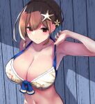  1girl armpits bikini bikini_top bikini_tug blush braid breasts brown_hair chet cleavage collarbone commentary crown_braid earrings flower hair_flower hair_ornament halterneck highres huge_breasts idolmaster idolmaster_shiny_colors jewelry kuwayama_chiyuki light_smile looking_at_viewer midriff navel outdoors shadow solo starfish_hair_ornament swimsuit upper_body 