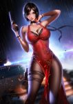  1girl ada_wong bangs black_hair black_legwear black_ribbon blurry blurry_background breasts car choker cleavage dress dutch_angle ground_vehicle gun handgun highres holding holding_gun holding_weapon holster large_breasts liang_xing looking_at_viewer motor_vehicle night pantyhose parted_bangs parted_lips pelvic_curtain rain red_dress resident_evil resident_evil_2 resident_evil_4 ribbon short_hair skin_tight solo standing thigh_holster weapon 