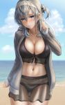  1girl beach bikini black_bikini blue_eyes blue_sky blush breasts cleavage clothes_writing cloud cowboy_shot day gluteal_fold hachimaki hair_between_eyes hand_up headband highres jacket kantai_collection kokuzoo large_breasts long_hair looking_at_viewer navel ocean one_side_up open_clothes open_jacket outdoors sand see-through silver_hair sky smile solo stomach suzutsuki_(kantai_collection) swimsuit unzipped 