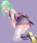  1boy ass boots crossdressing green_hair hairband male_focus shield skirt solo sword thighhighs trap weapon yellow_eyes 男霊 