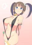  bangs bell bell_collar blue_eyes blush bracelet breasts brown_hair collar jewelry large_breasts minori_(senran_kagura) navel senran_kagura short_hair slingshot_swimsuit striped striped_legwear swimsuit thighhighs tottotonero twintails 